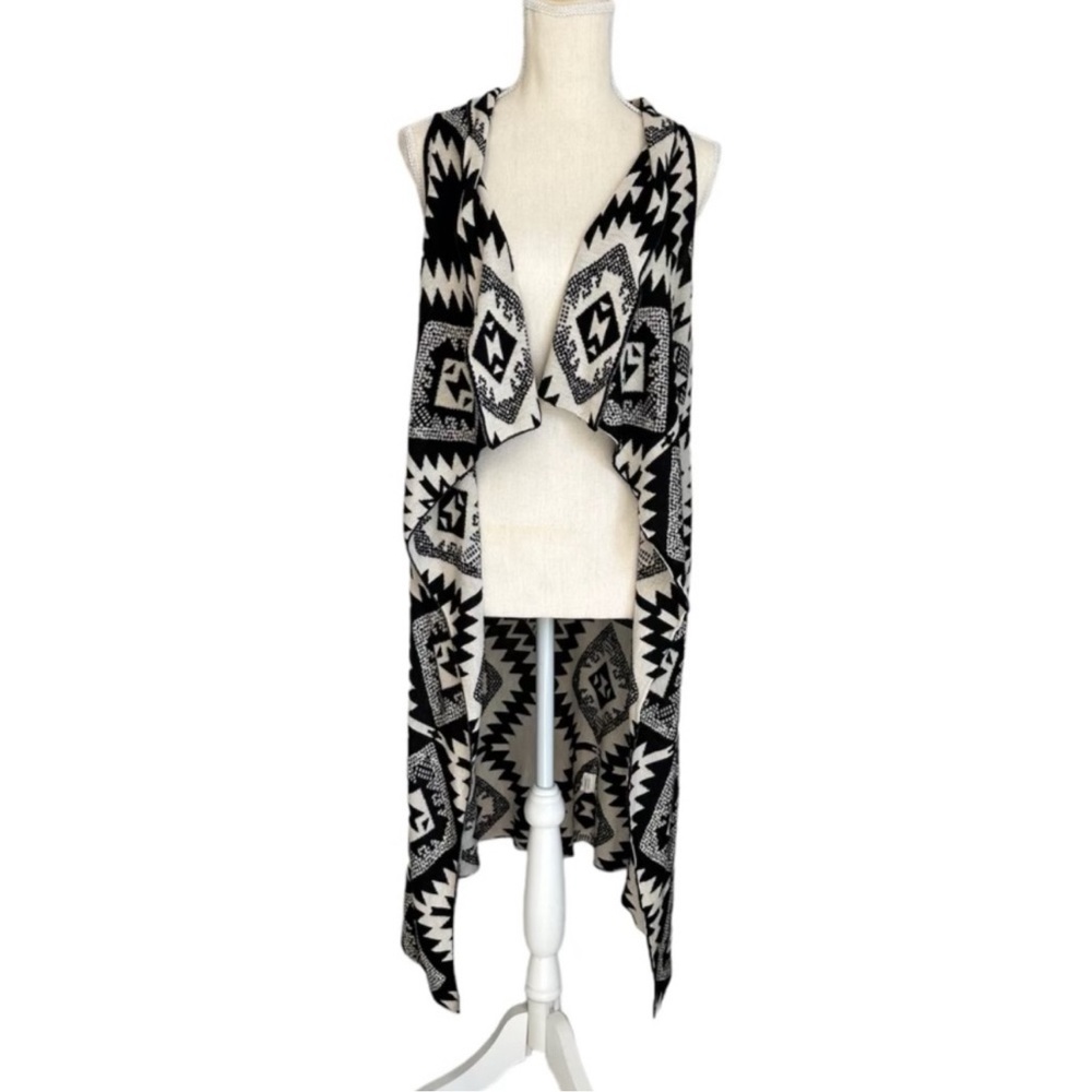 TIMING Duster Vest Asymmetrical Aztec Print Cream Black Womens Size Medium/Large